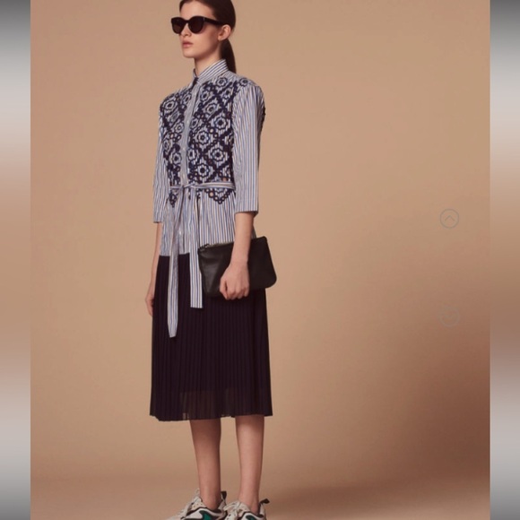 SANDRO Paris Josefine Pleated Evelet-lace midi Dress MSRP$515 - Picture 6 of 16